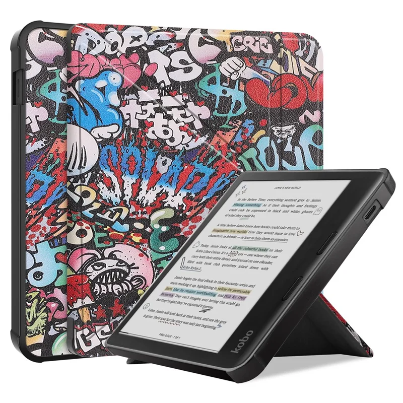 For Kobo Libra Colour Case Pattern Print Leather ebook Reader Cover - Graffiti