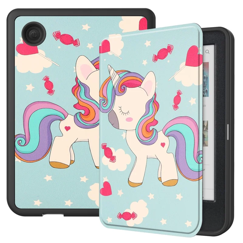For Kobo Clara Colour / Clara BW Case Pattern Printing PU Leather Folio E-Reader Cover with Auto Sleep / Wake Function - Unicorn