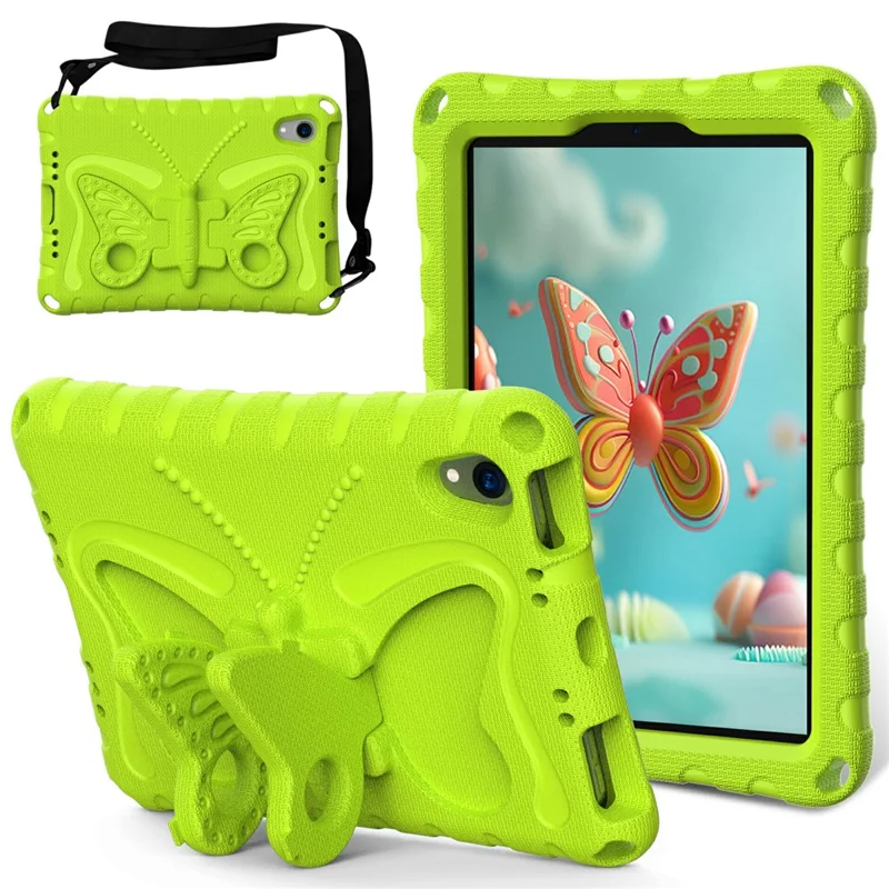 For iPad mini (2024) / mini (2021) Case with Shoulder Strap Butterfly Kickstand Tablet EVA Cover - Green