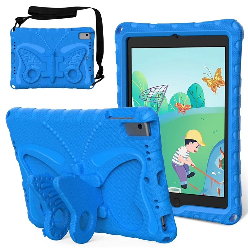 For iPad Air (2013) / Air 2 / iPad 9.7-inch (2017) / (2018) EVA Case Butterfly Kickstand Tablet Cover with Shoulder Strap - Blue