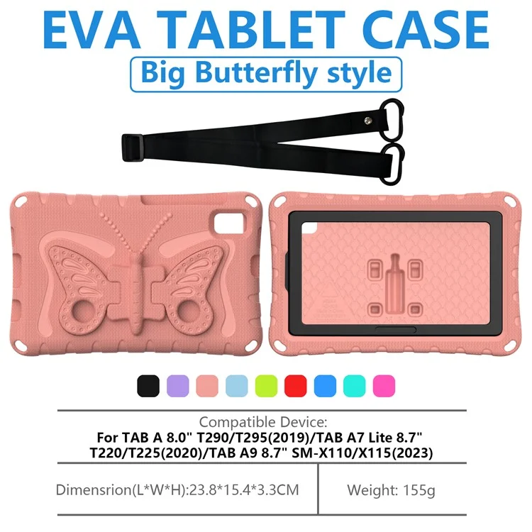 Étui EVA pour Samsung Galaxy Tab A7 Lite 8,7 pouces / Tab A 8,0 (2019) SM-T290 (Wi-Fi) / SM-T295 (LTE) / Tab A9 avec support et dragonne - Rose pâle