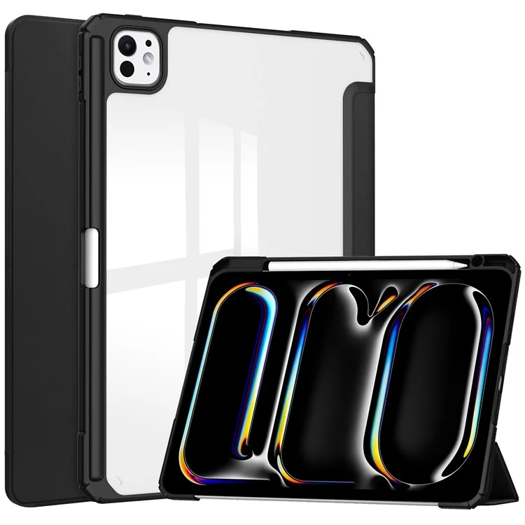 Para iPad Pro 13 (2024) Capa com Slot para Caneta Couro PU Transparente Auto Wake Sleep Tablet Shell - Preto
