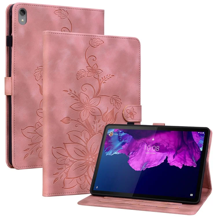 Funda de cuero con ranuras para tarjetas y patrón de flores de lirio para Lenovo Tab P11 TB-J606F - Rosa