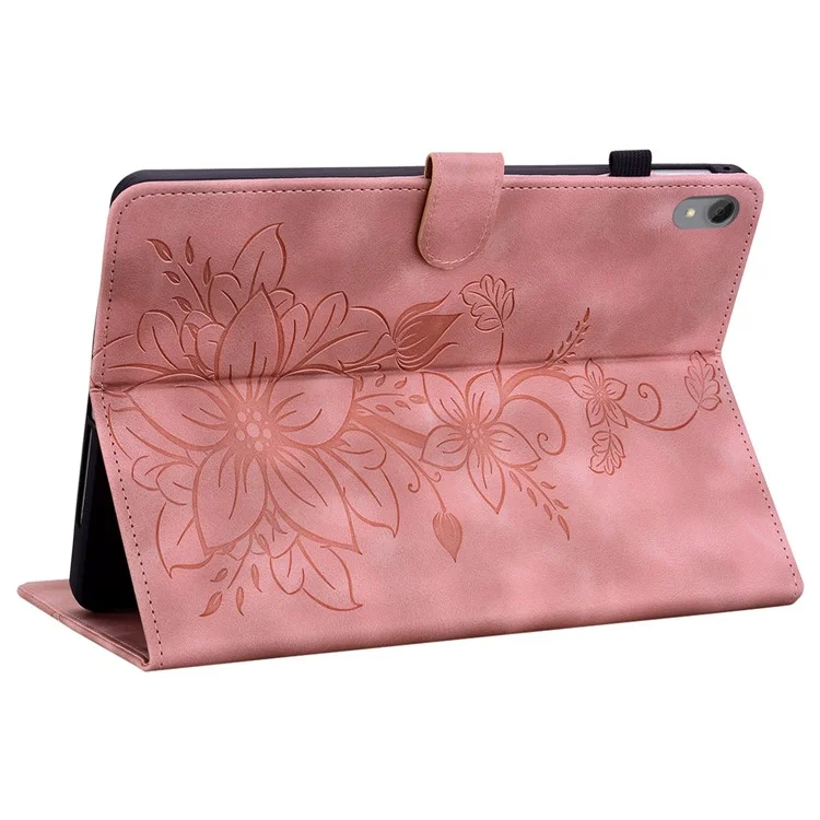 Funda de cuero con ranuras para tarjetas y patrón de flores de lirio para Lenovo Tab P11 TB-J606F - Rosa