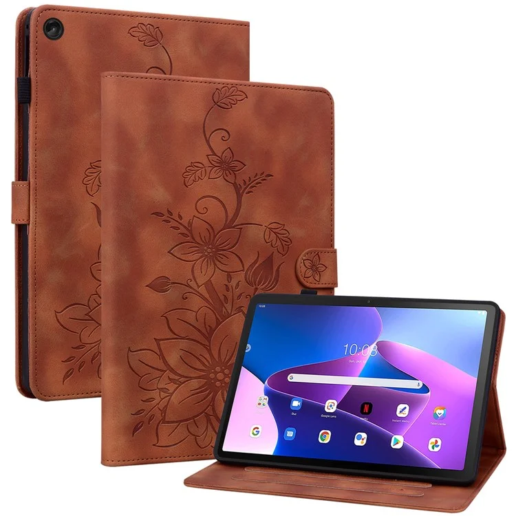 Pour Lenovo Tab M10 Plus (3e génération) Étui Lily Flower Design PU Cuir Folio Support - Marron