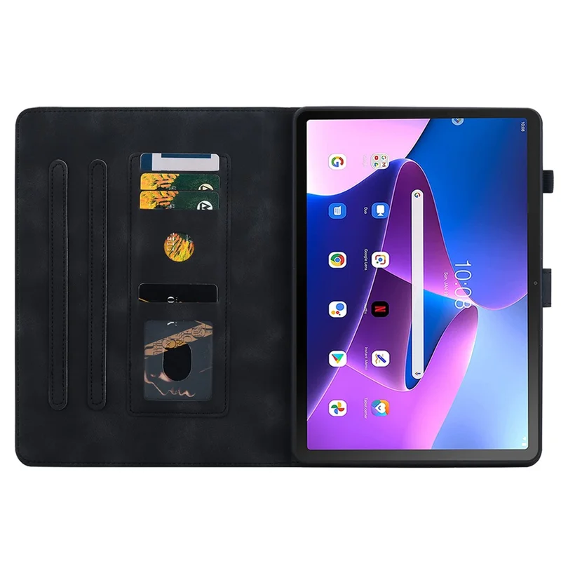 For Lenovo Tab M10 Plus (3rd Gen) Case Lily Flower Design PU Leather Folio Stand Cover - Black