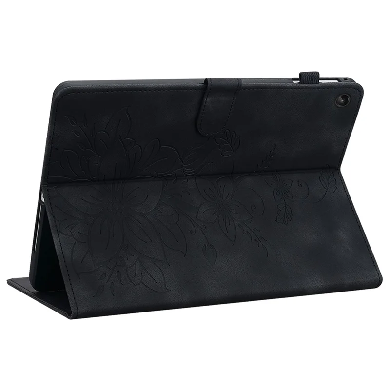 For Lenovo Tab M10 Plus (3rd Gen) Case Lily Flower Design PU Leather Folio Stand Cover - Black