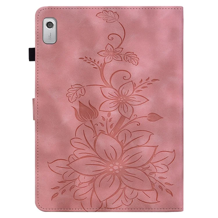 For Lenovo Tab M9 Case Imprinted Lily Flower PU Leather Card Slots Tablet Cover - Pink