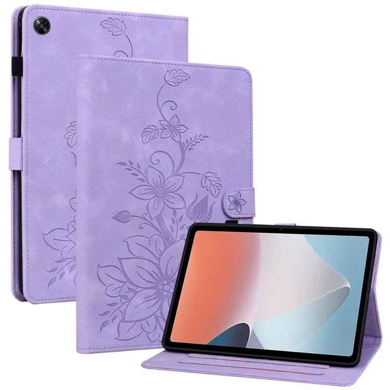 For Oppo Pad Air Tablet Case Lily Flower Imprinted PU Leather Cover with Card Slots - Purple