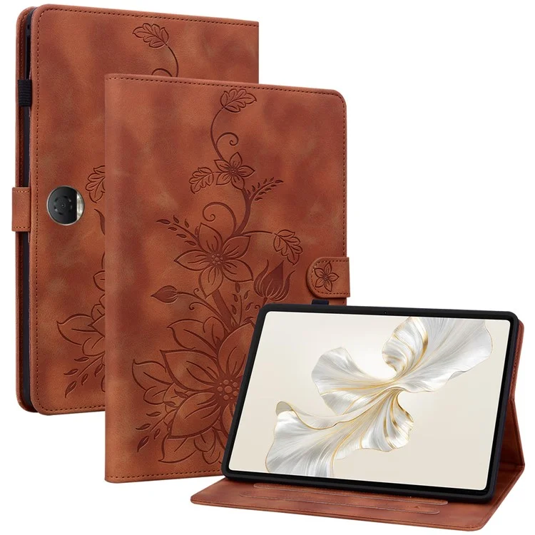 For Honor Pad 9 Case with Card Slots Lily Flower Imprint Leather Stand Tablet Cover - Brown