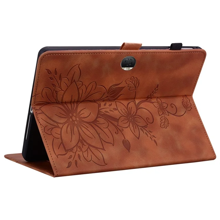 For Honor Pad 9 Case with Card Slots Lily Flower Imprint Leather Stand Tablet Cover - Brown