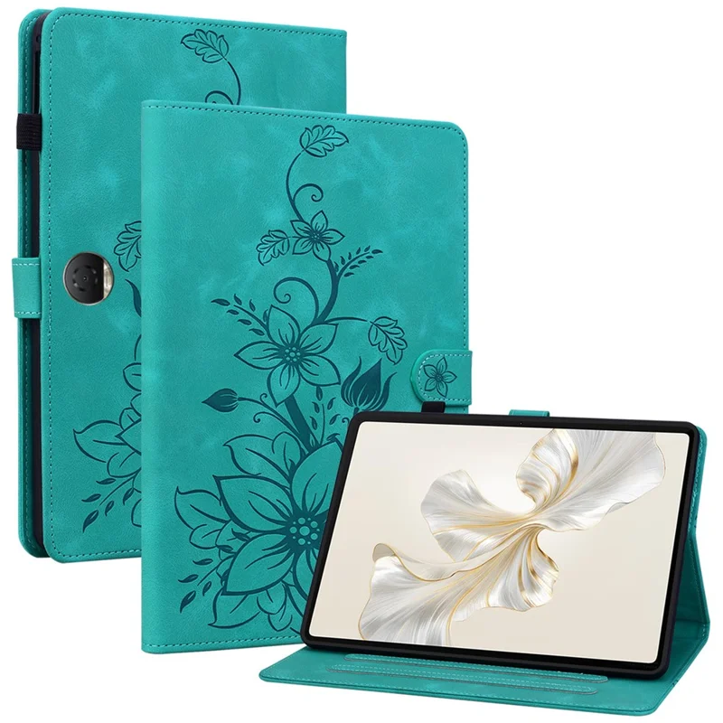 For Honor Pad 9 Case with Card Slots Lily Flower Imprint Leather Stand Tablet Cover - Green