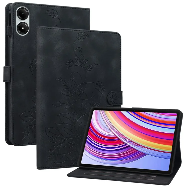 For Xiaomi Redmi Pad Pro / Redmi Pad Pro 5G / Poco Pad Shockproof Case Lily Flower Imprint Leather Tablet Cover - Black