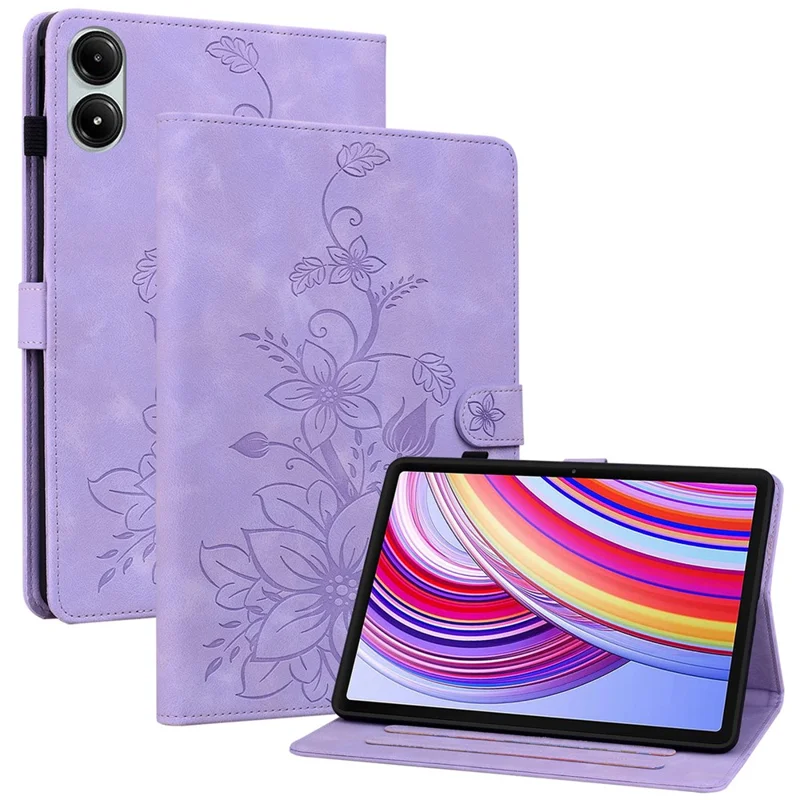 For Xiaomi Redmi Pad Pro / Redmi Pad Pro 5G / Poco Pad Shockproof Case Lily Flower Imprint Leather Tablet Cover - Purple