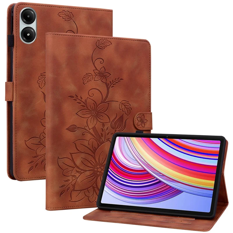 For Xiaomi Redmi Pad Pro / Redmi Pad Pro 5G / Poco Pad Shockproof Case Lily Flower Imprint Leather Tablet Cover - Brown