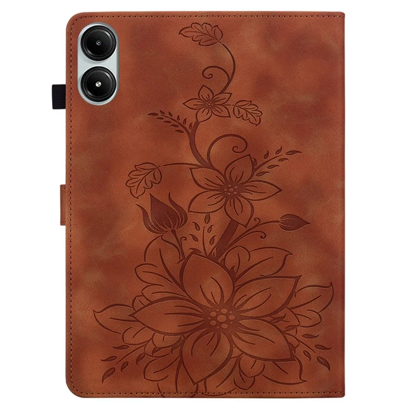 For Xiaomi Redmi Pad Pro / Redmi Pad Pro 5G / Poco Pad Shockproof Case Lily Flower Imprint Leather Tablet Cover - Brown