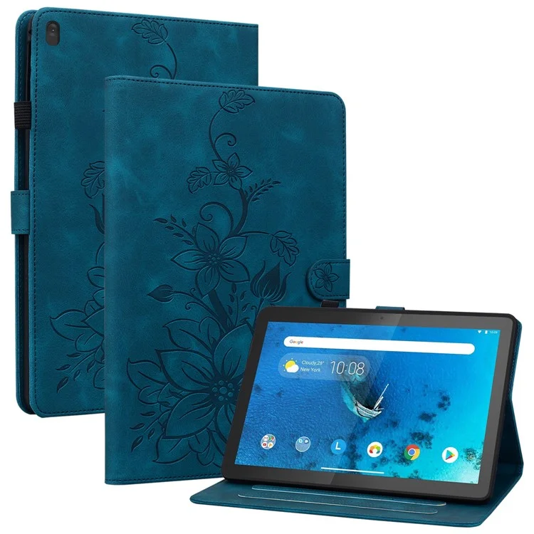 Per Lenovo Tab M10 TB-X605F Custodia Tablet in Pelle Motivo Giglio Fiore con Slot per Schede - Blu