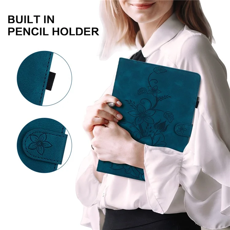 Per Lenovo Tab M10 TB-X605F Custodia Tablet in Pelle Motivo Giglio Fiore con Slot per Schede - Blu
