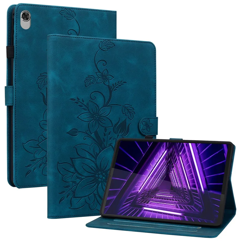 For Lenovo Tab M10 Plus TB-X606F / TB-X606X Case PU Leather Lily Flower Pattern Stand Tablet Cover - Blue