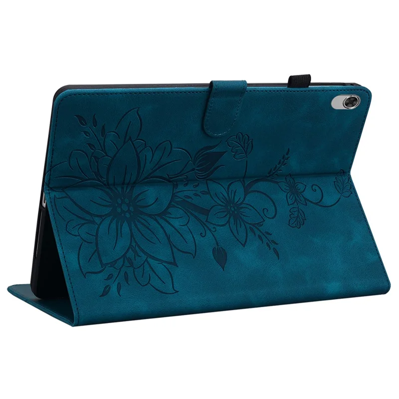 For Lenovo Tab M10 Plus TB-X606F / TB-X606X Case PU Leather Lily Flower Pattern Stand Tablet Cover - Blue