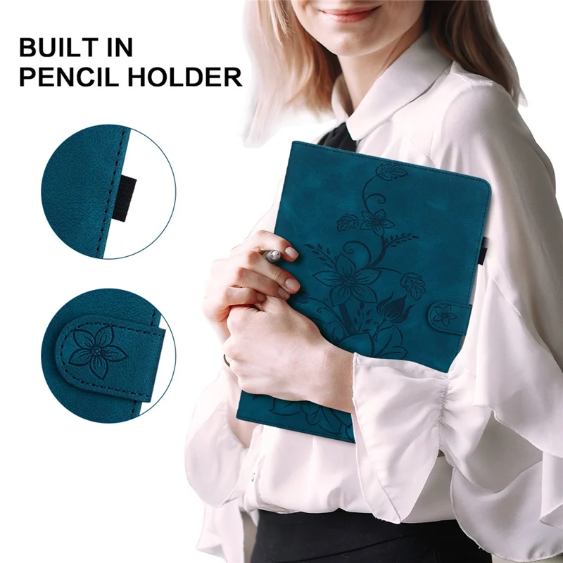 For Lenovo Tab M10 Plus TB-X606F / TB-X606X Case PU Leather Lily Flower Pattern Stand Tablet Cover - Blue