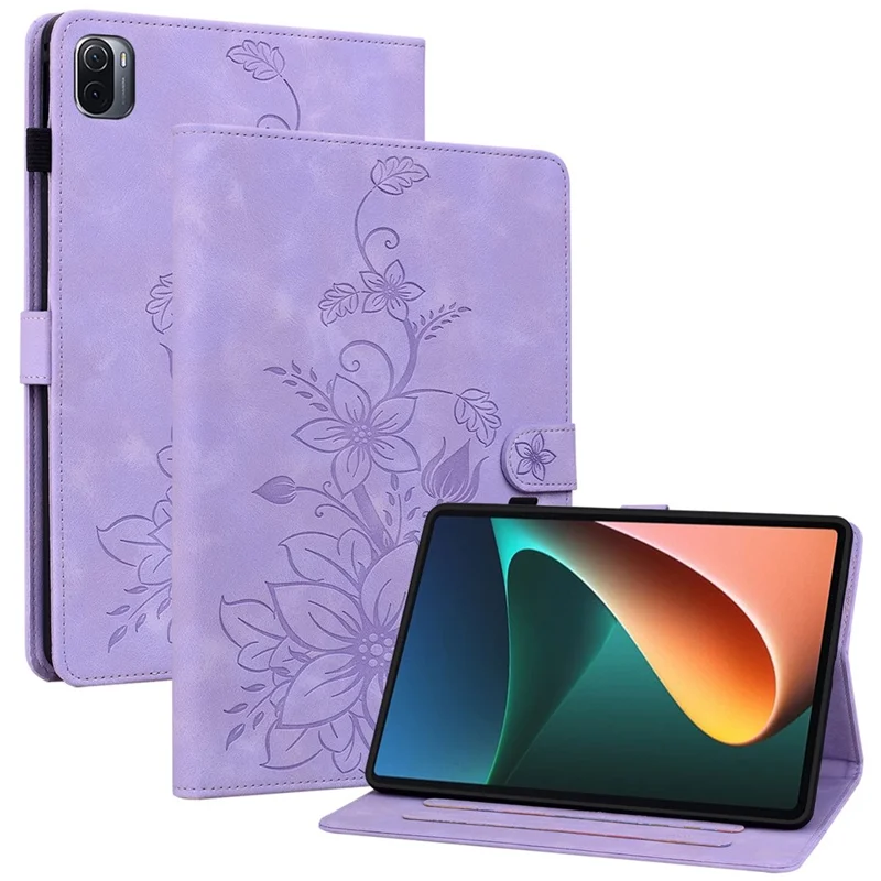 For Xiaomi Pad 5 / Pad 5 Pro Case Lily Flower Imprint PU Leather Stand Tablet Shell - Purple