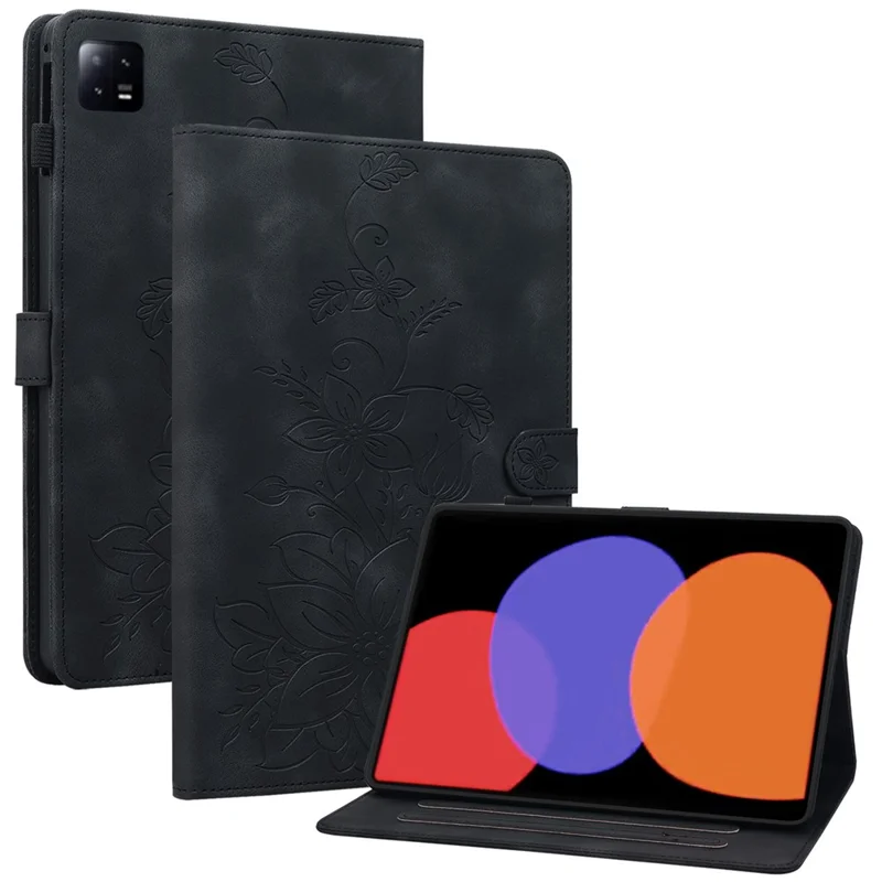 For Xiaomi Pad 6 / Pad 6 Pro Case Stand PU Leather Card Holder Tablet Cover Lily Flower Design - Black