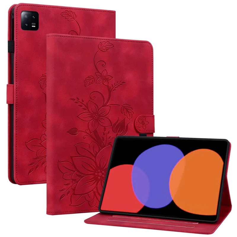 For Xiaomi Pad 6 / Pad 6 Pro Case Stand PU Leather Card Holder Tablet Cover Lily Flower Design - Red
