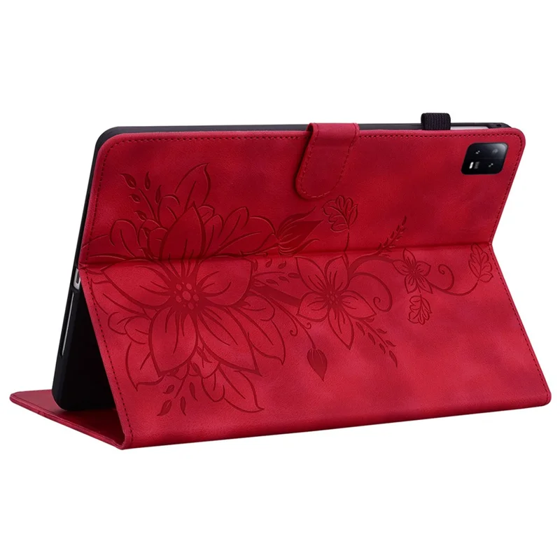 For Xiaomi Pad 6 / Pad 6 Pro Case Stand PU Leather Card Holder Tablet Cover Lily Flower Design - Red