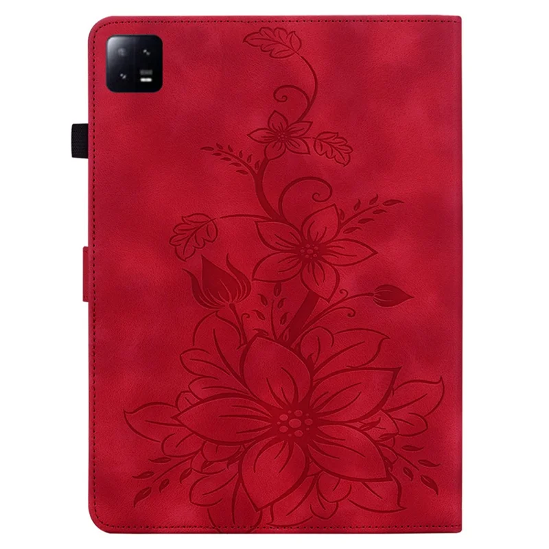 For Xiaomi Pad 6 / Pad 6 Pro Case Stand PU Leather Card Holder Tablet Cover Lily Flower Design - Red