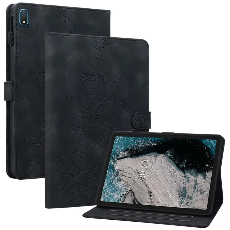 For Nokia T20 Case PU Leather Lily Flower Imprinted Folio Stand Protective Cover - Black