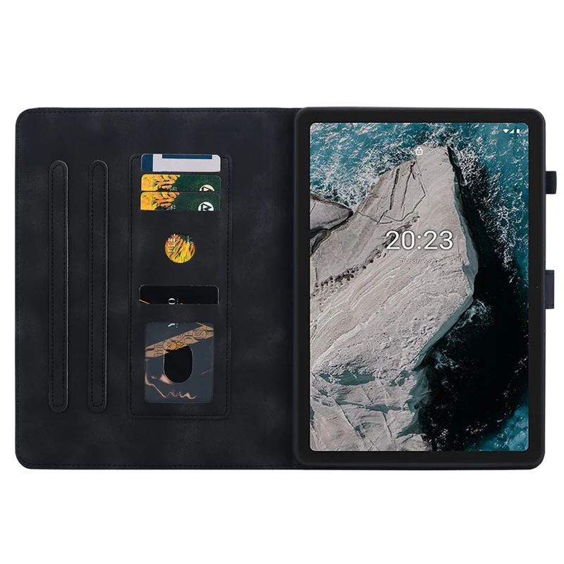 For Nokia T20 Case PU Leather Lily Flower Imprinted Folio Stand Protective Cover - Black