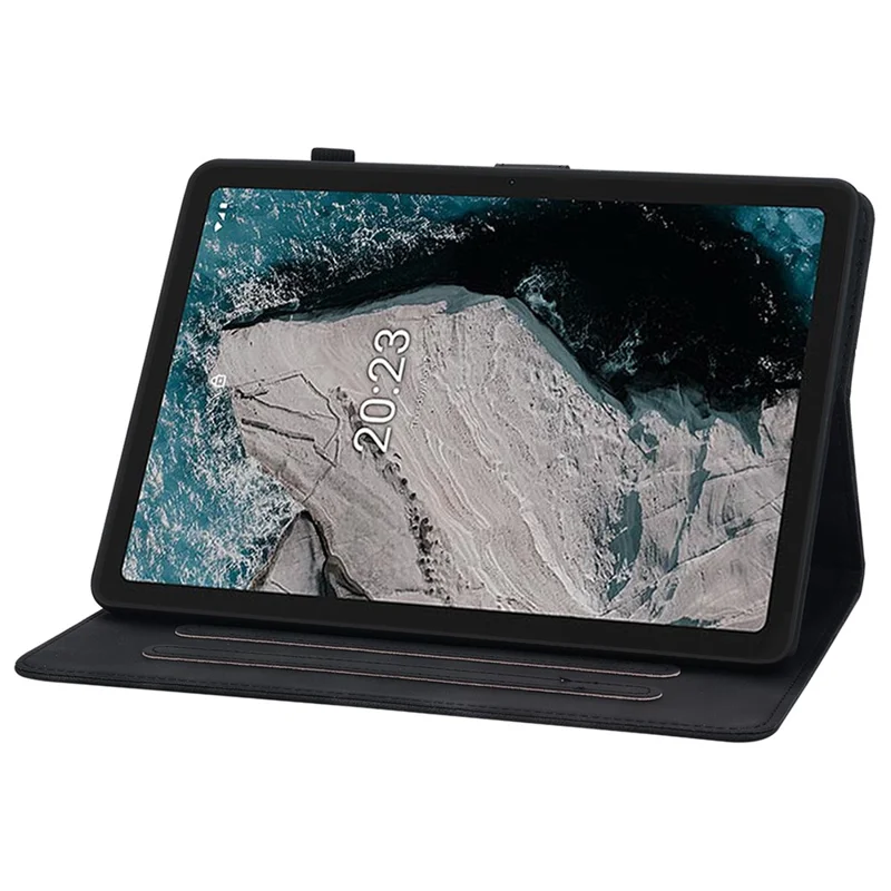 For Nokia T20 Case PU Leather Lily Flower Imprinted Folio Stand Protective Cover - Black