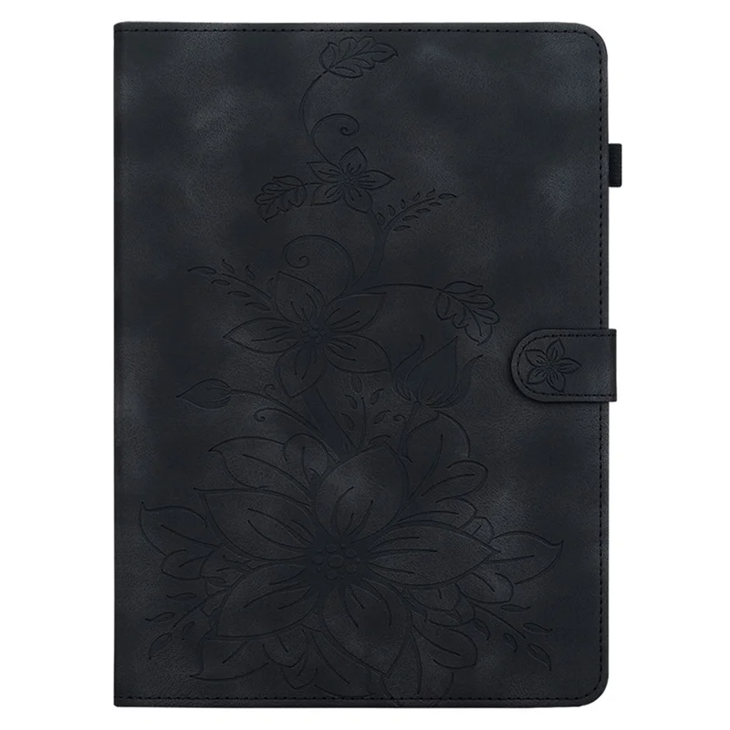 For Nokia T20 Case PU Leather Lily Flower Imprinted Folio Stand Protective Cover - Black