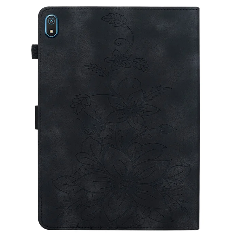 For Nokia T20 Case PU Leather Lily Flower Imprinted Folio Stand Protective Cover - Black