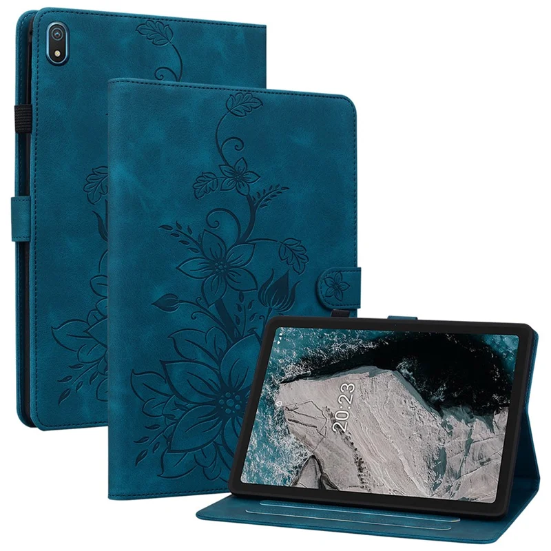 For Nokia T20 Case PU Leather Lily Flower Imprinted Folio Stand Protective Cover - Blue