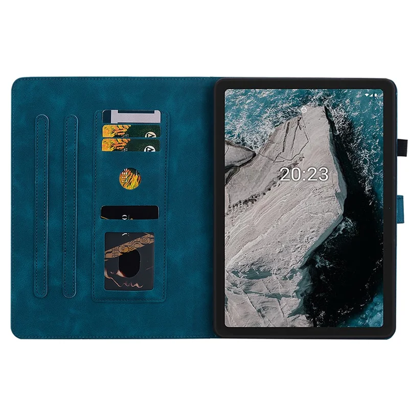 For Nokia T20 Case PU Leather Lily Flower Imprinted Folio Stand Protective Cover - Blue