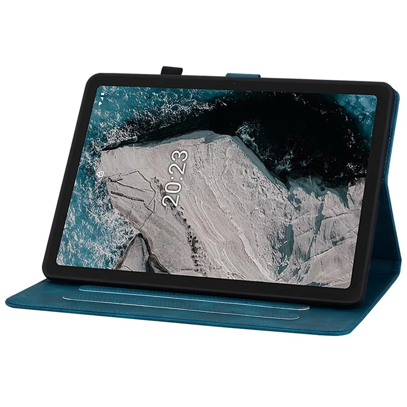 For Nokia T20 Case PU Leather Lily Flower Imprinted Folio Stand Protective Cover - Blue