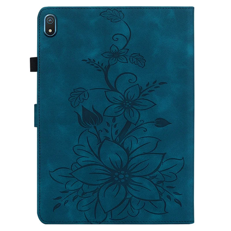 For Nokia T20 Case PU Leather Lily Flower Imprinted Folio Stand Protective Cover - Blue