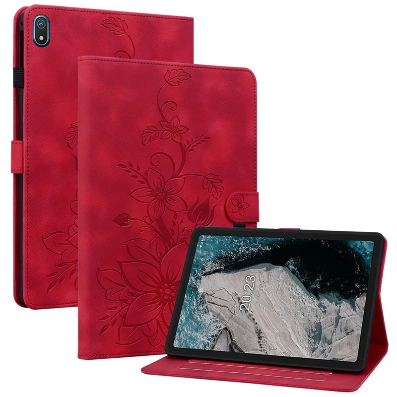 For Nokia T20 Case PU Leather Lily Flower Imprinted Folio Stand Protective Cover - Red