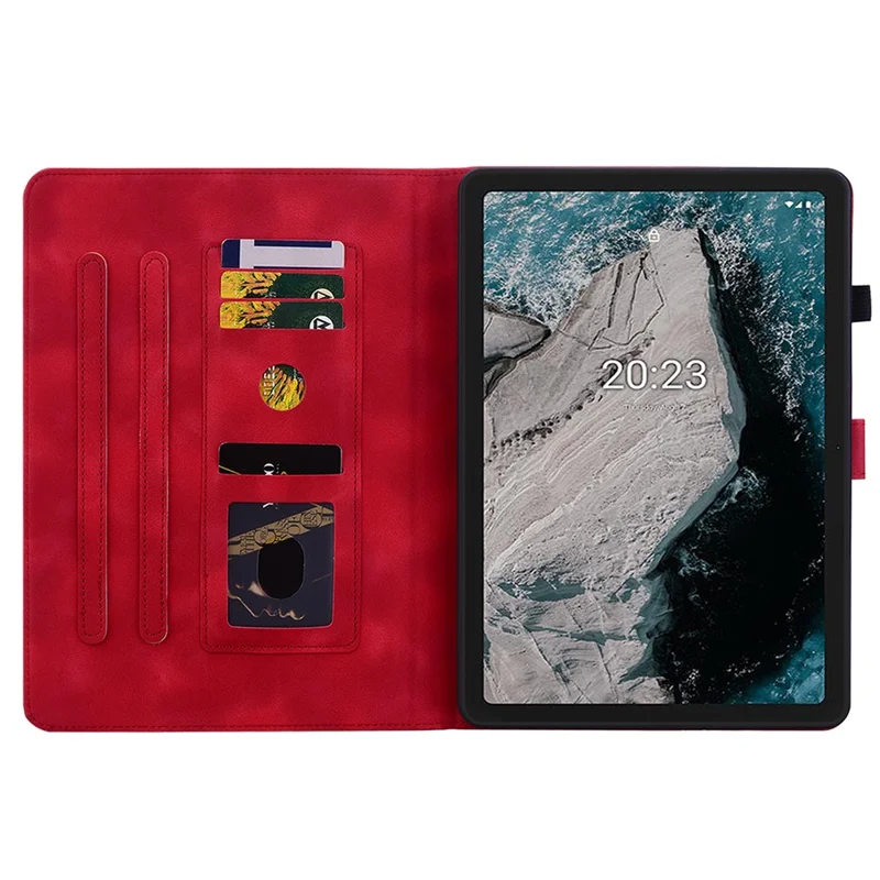 For Nokia T20 Case PU Leather Lily Flower Imprinted Folio Stand Protective Cover - Red