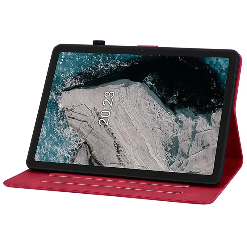 For Nokia T20 Case PU Leather Lily Flower Imprinted Folio Stand Protective Cover - Red