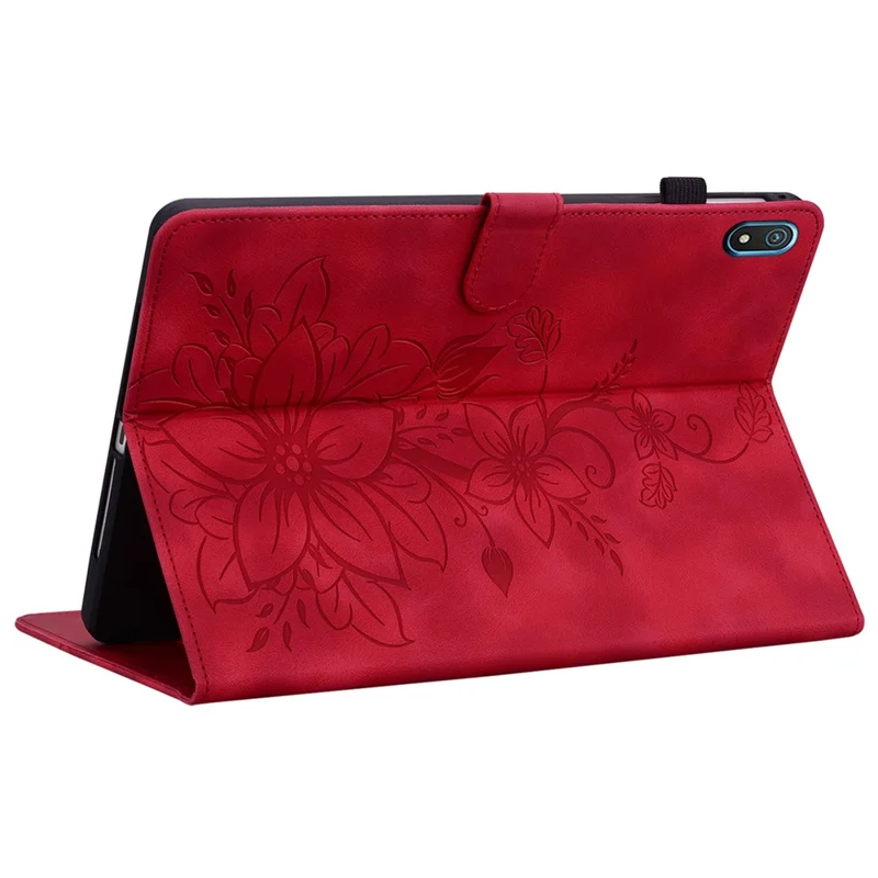 For Nokia T20 Case PU Leather Lily Flower Imprinted Folio Stand Protective Cover - Red