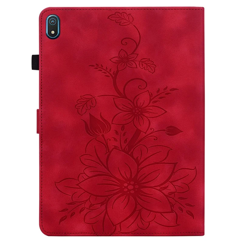 For Nokia T20 Case PU Leather Lily Flower Imprinted Folio Stand Protective Cover - Red