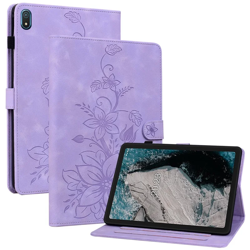 For Nokia T20 Case PU Leather Lily Flower Imprinted Folio Stand Protective Cover - Purple