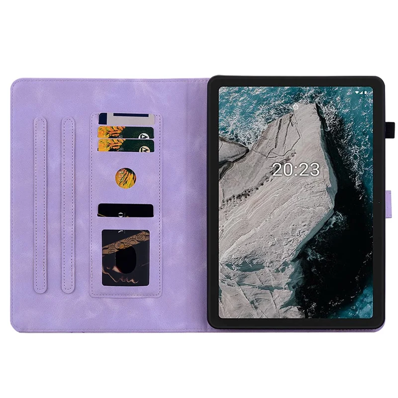 For Nokia T20 Case PU Leather Lily Flower Imprinted Folio Stand Protective Cover - Purple