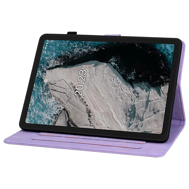 For Nokia T20 Case PU Leather Lily Flower Imprinted Folio Stand Protective Cover - Purple