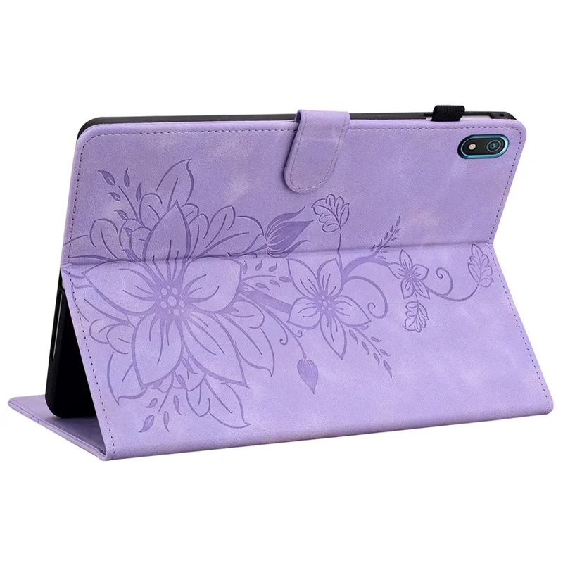 For Nokia T20 Case PU Leather Lily Flower Imprinted Folio Stand Protective Cover - Purple
