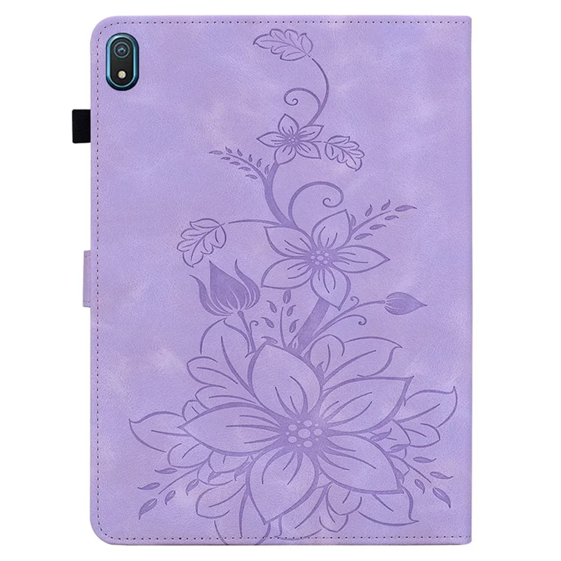 For Nokia T20 Case PU Leather Lily Flower Imprinted Folio Stand Protective Cover - Purple