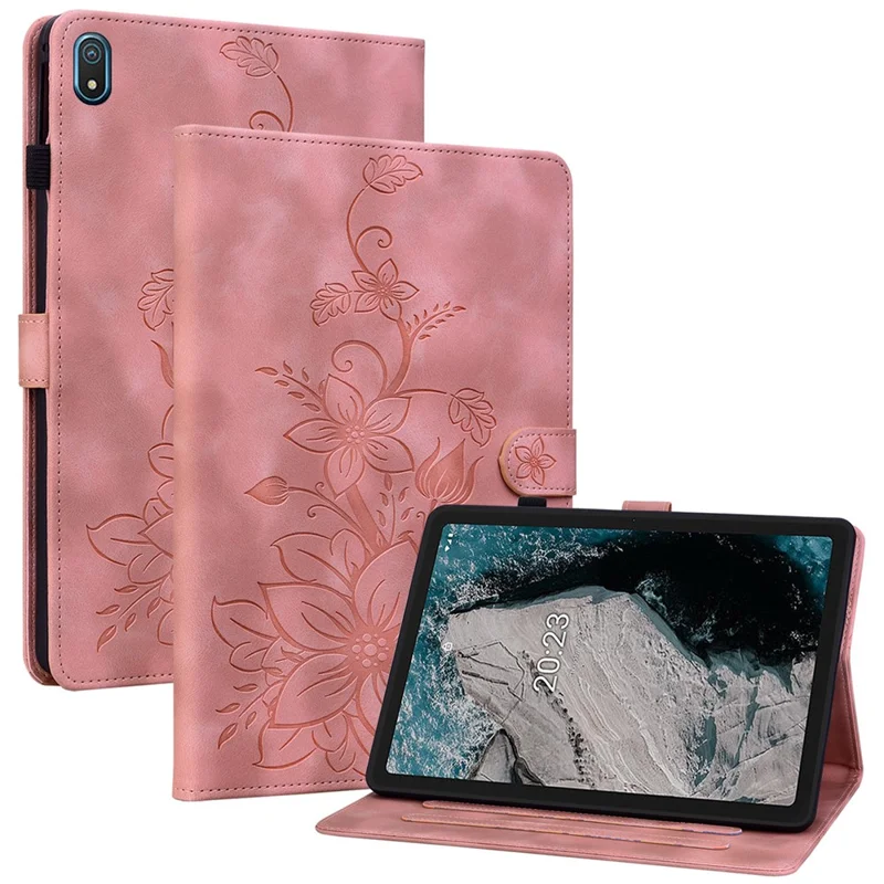 For Nokia T20 Case PU Leather Lily Flower Imprinted Folio Stand Protective Cover - Pink